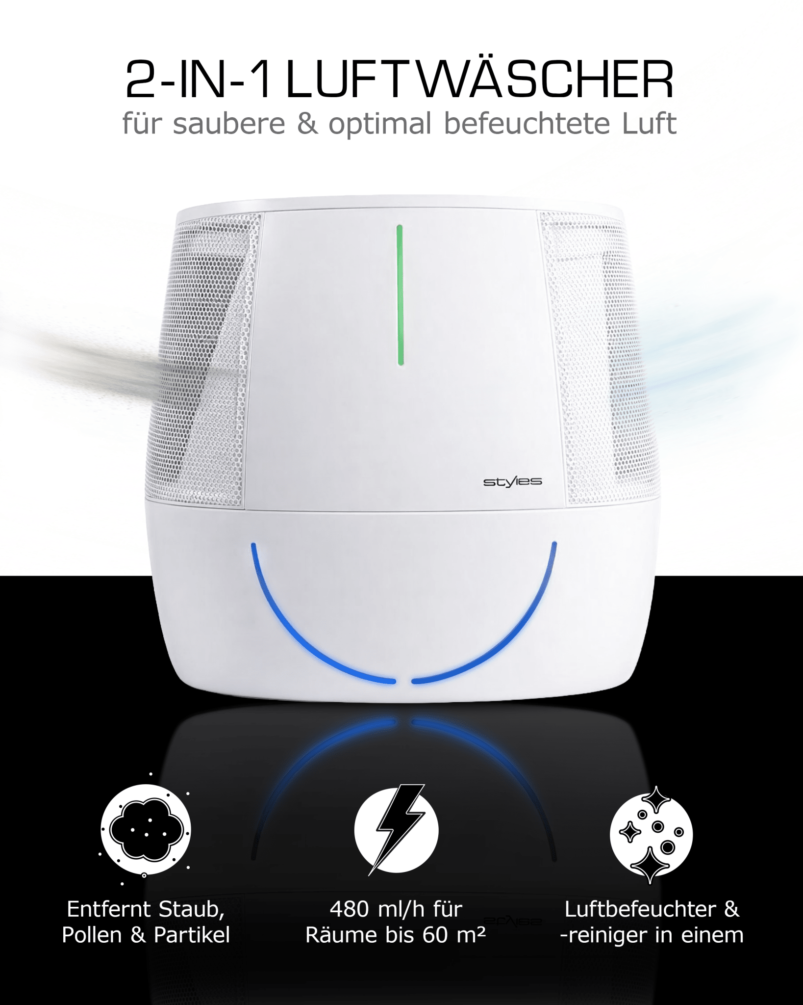 Antares Pro Luftwäscher: Effiziente Luftbefeuchtung & Reinigung für Allergiker gegen Pollen & Staub. stylies-store.de