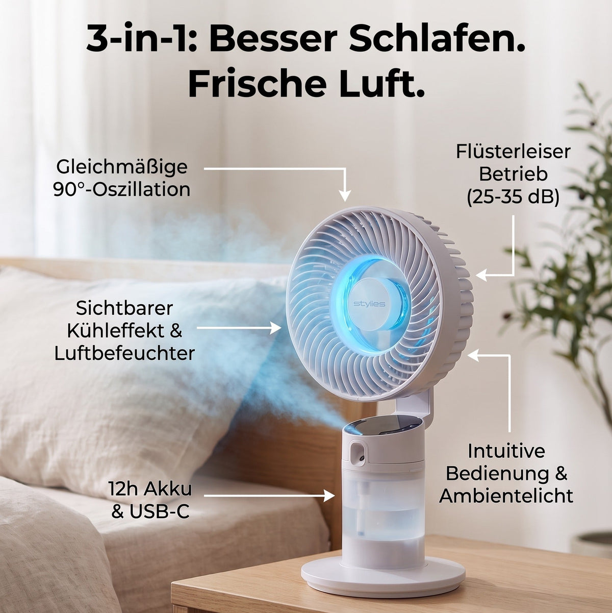 Dia 3-in-1 Akku-Tischventilator, Lüftkühler mit Ambientelicht