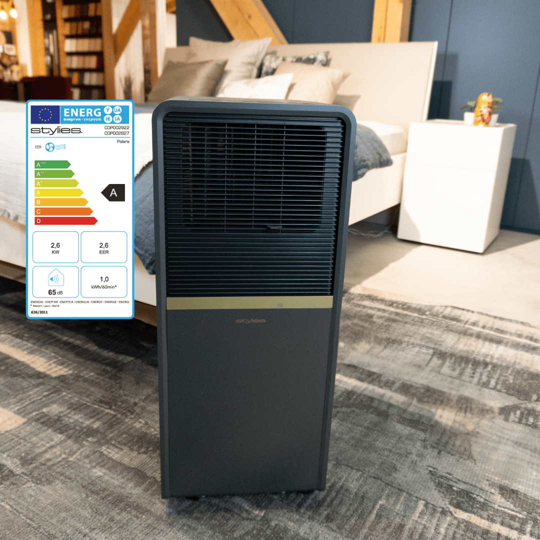 Polarix Klimagerät 9000 BTU – Schweizer Design, Energieeffiziente Kühlung in Anthrazit & Gold - Stylies - Store.de